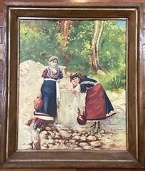 Vintage Oil Painting on Canvas Peasant Gypsy Women Girls Fetching Water at Well