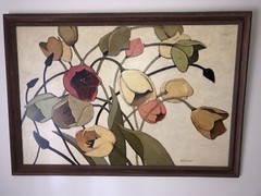 Shirley Novak oil painting On Board “Tulip toss” 28 x 40 in frame