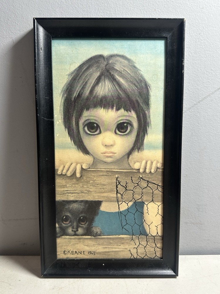 Walter Keane Watching 1962 Framed Signed Portrait Painting Child Dog Canvas 6×12