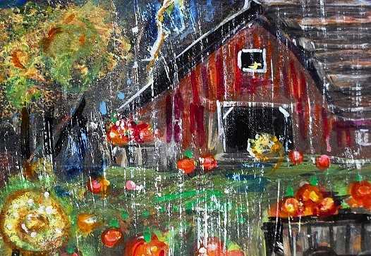 ACEO Original PAINTING Old BARN Farm Pumpkins Rain TREES Storm Landscape ATC ART