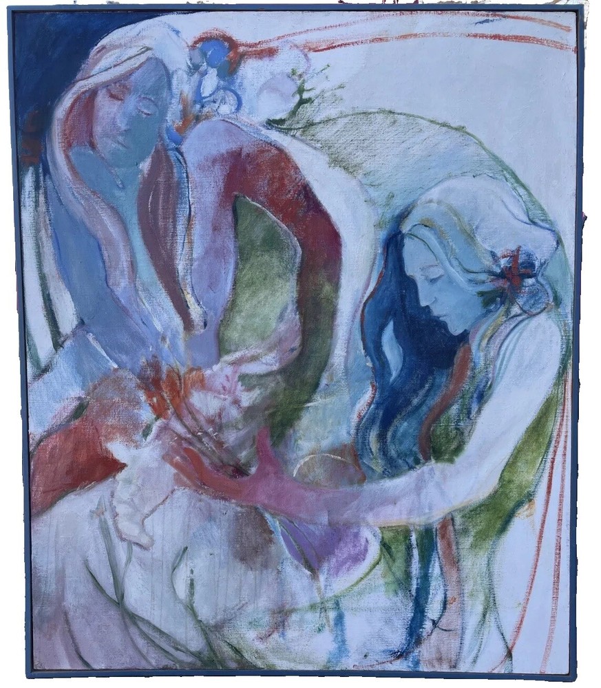 Theobald 1967 Original Oil On Canvas Two Woman Abstract Art31″X37″