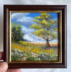 Summer Landscape Original Oil Painting Village Meadow Flowers Wall Art 4 x 4 in