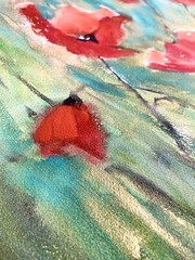 Original watercolour picture 45x61cm, red poppies with gold, creative gift idea