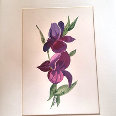 Two Flower Paintings Artist Signed Purple Iris Blue Branch Matted 7×9 Inches