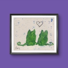 Date Night Green Cats 11X 14″ Neo Impressionist Acrylic Painting Paper