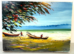 Original Coastal Seascape Painting Signed „Venicio“ Boats Shoreline Scene