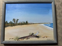Small R Wilson 1987 „Gull On Beach Scene“ Mixed Media Painting – Signed/Framed