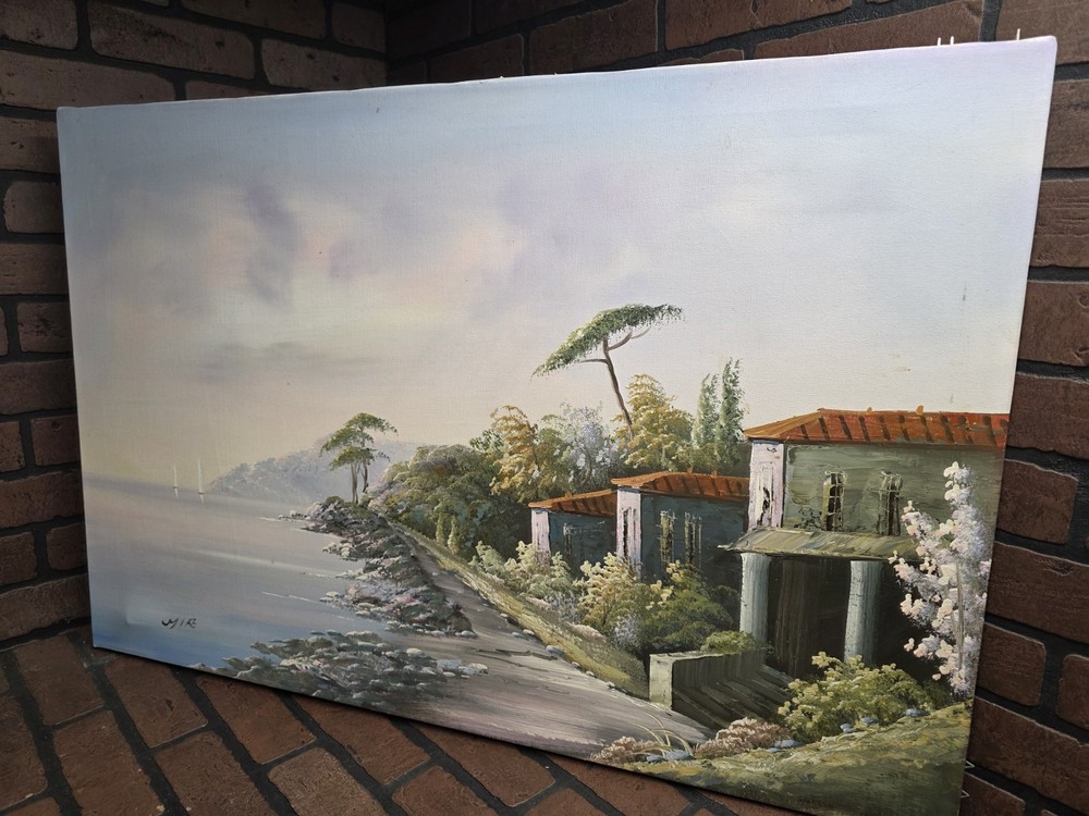 Large Coastal Beach Scene Oil Painting Signed