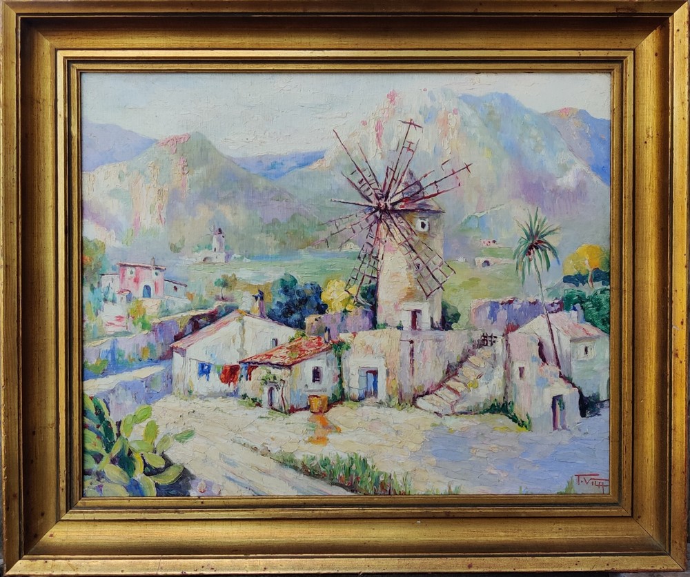 Tomas Vila Puigdemon (1952): WINDMILL IN SPANISH VILLAGE, original oil painting