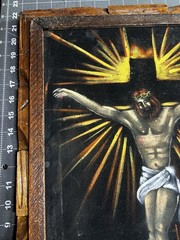 Vintage Framed Black Velvet Jesus Crucified Crucifixion Cross Painting 22” X 14”