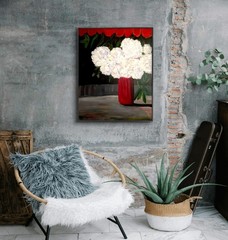 Modern Floral Still Life Painting 30×24 | Red White Black | Contemporary Art