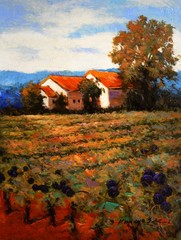 Acrylic on canvas landscape vineyard scene art with grapes, houses. Original