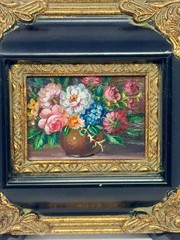 Vintage Mini Floral Still Life Painting Ornate Black Gold Frame 8×7