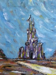 THE CASTLE AWAITS fairytale oil painting 8×10 card Panel original by Crowell