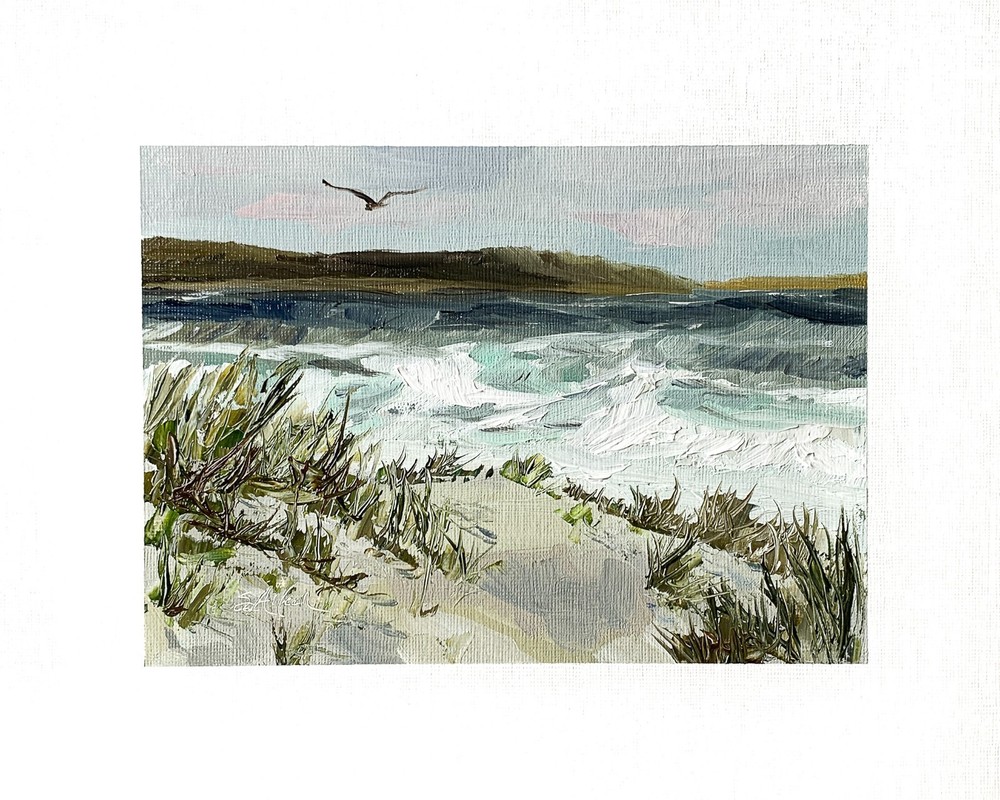 8×10 Original Oil Painting Seascape Sand Dunes Seagull Bird Coastal Art Signed