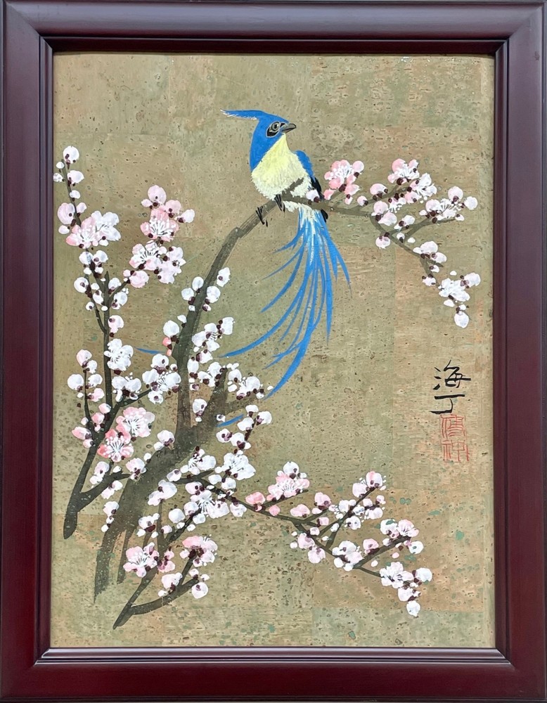 Ding „Cherry Blossom III“ Hand Signed Original Painting on Cork Framed Asian Art