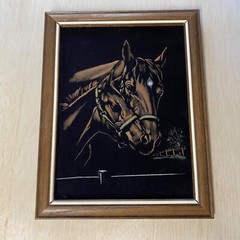 Vintage Black Velvet Painting Of Horses Wood Frame 19″ X 14.5″
