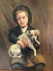 Portrait of a Boy with Jack Russell Dog Oil Painting on Canvas Old Master Style