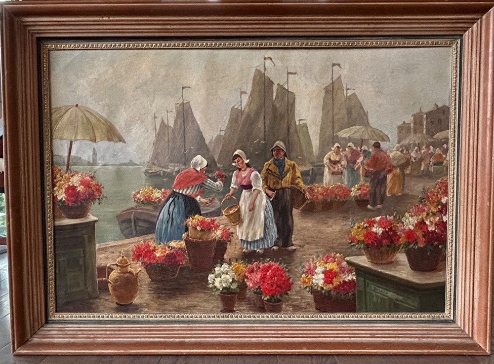 ANTIQUE PAINTING 42×30 IMPRESSIONIST COASTAL IN THE STYLE OF VREELAND