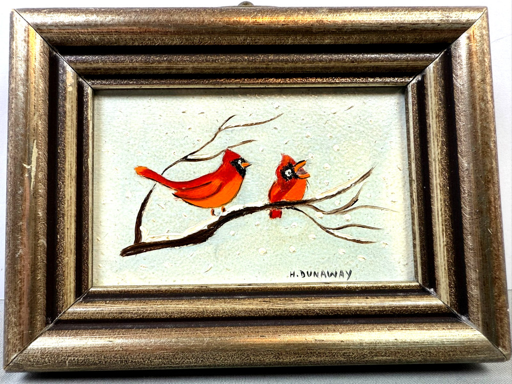 Miniature Folk Art Bird Painting Signed Hazel Dunaway Framed