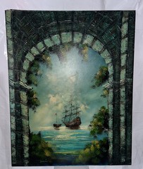 Vintage Oil Pirate Ship Painting Large 4×5 Feet. Oil Texture Looks 3D