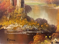Oil Painting 16×20” Autumn forest landscape, stand still lake, warm tones