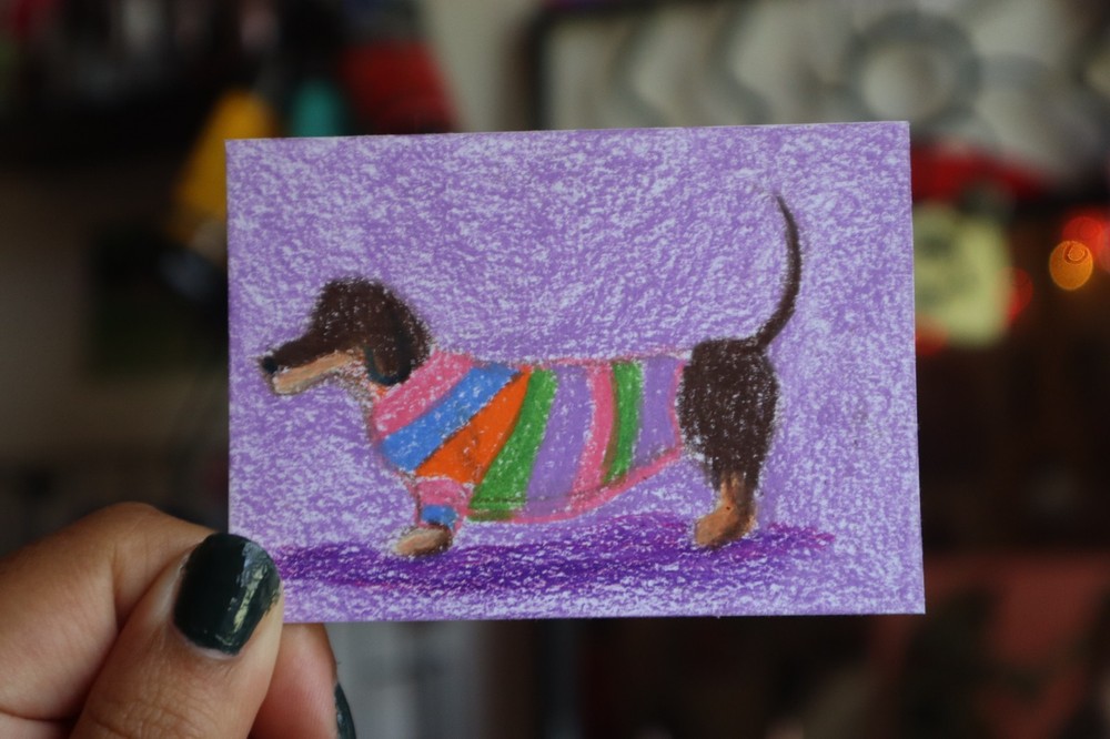 ACEO original art dog illustration 2.5×3.5 colored pencil „Warm Weiner Dog“