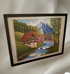 Hand Painted Mountain Village River Cottage Landscape Framed Art | Ships Free