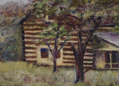 Antique Log Cabin Landscape Oil Painting Framed Unsigned circa 1930