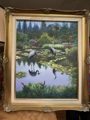 Original Art Painting Canvas Framed Bird Water Naturescape Heron Crane Signed