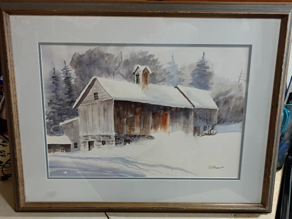 Painting of barn covered snow fine art watercolor landscape painting (original)