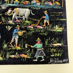Vintage 1967 Jet-W. Wang Asian Village Water Buffalo Velvet Artwork Signed Set 2