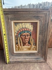 Taos Artist Manville Chapman (1903-1978)Oil Board Painting “Indian W/War Bonnet”