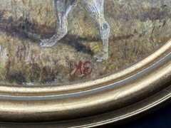 Small Vintage Signed Hunting Dog Oil on Board Painting, 8 5/8″ x 6 5/8″