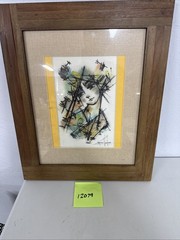 Artist Dibuso Abstract Girl Mixed Media Water Color Pen Framed Signed 2016