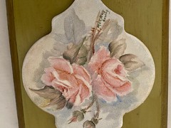 Handcrafted Hand Painted Pair Framed Floral 8.75″x5.5″ Tile Painting Signed Vtg