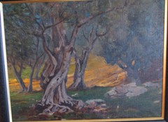 ::ÖLGEMÄLDE BEEINDRUCKENDE BAUMLANDSCHAFT IN DER MORGENDÄMMERUNG