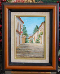 VTG FRAMED SIGNED VALERO FRAMED ORIGINAL OIL MEDITERRANEAN VILLAGE STREET SCENE