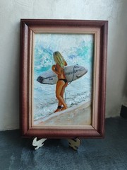 Surfer Girl Oil Painting Original Beach Wall Art Impasto Female Surfing Canvas