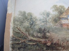 Antique 1894 signed watercolor painting landscape thatched cottage FWG 11×23″