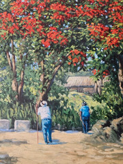 Jorge Romero vintage 80’s painting Campo y Flamboyanes -Puerto Rico Art Latin Am