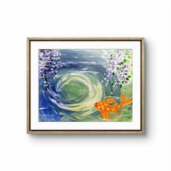 Koi Fish Pond with Wisteria Reflection Acrylic Painting 11×14