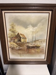 Oil Painting On Canvas/ Framed Signed by Luini Boat At Docks – Free Shipping!