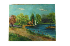Vintage Sailing Along The River Shore Scenery Oil Painting Signed Illegible
