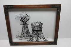WOOD FRAMED 11″ x 9-1/4″ WINDMILL & WATER TANK PAINTED on CLEAR GLASS PICTURE