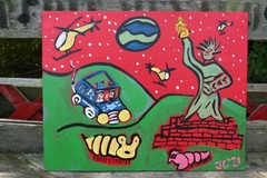 STATUE OF LIBERTY ON MARS by Jr CHARLIE FAST FOLK POP ART SPACE WORMS PAINTING