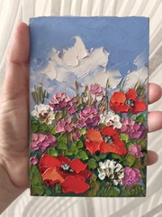 Miniature Original Oil Painting Clover and Poppies Impasto Original Art 6x4in