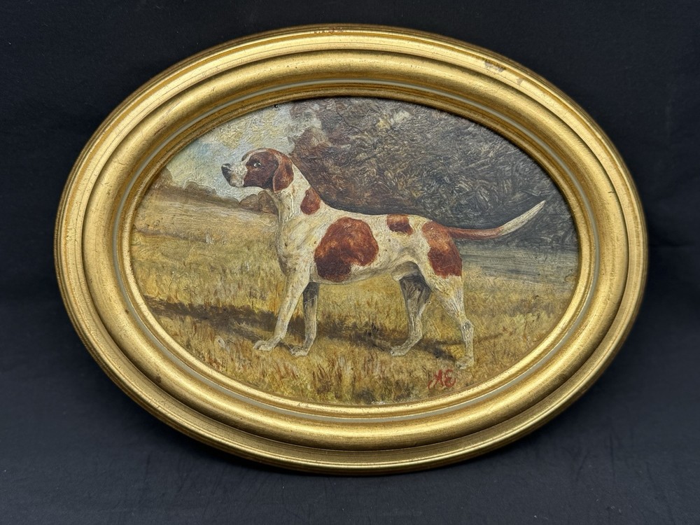 Small Vintage Signed Hunting Dog Oil on Board Painting, 8 5/8″ x 6 5/8″
