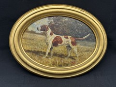Small Vintage Signed Hunting Dog Oil on Board Painting, 8 5/8″ x 6 5/8″