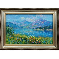 Mountain Lake Original Oil Painting 6×4 Framed Signed Wildflower Landscape Art